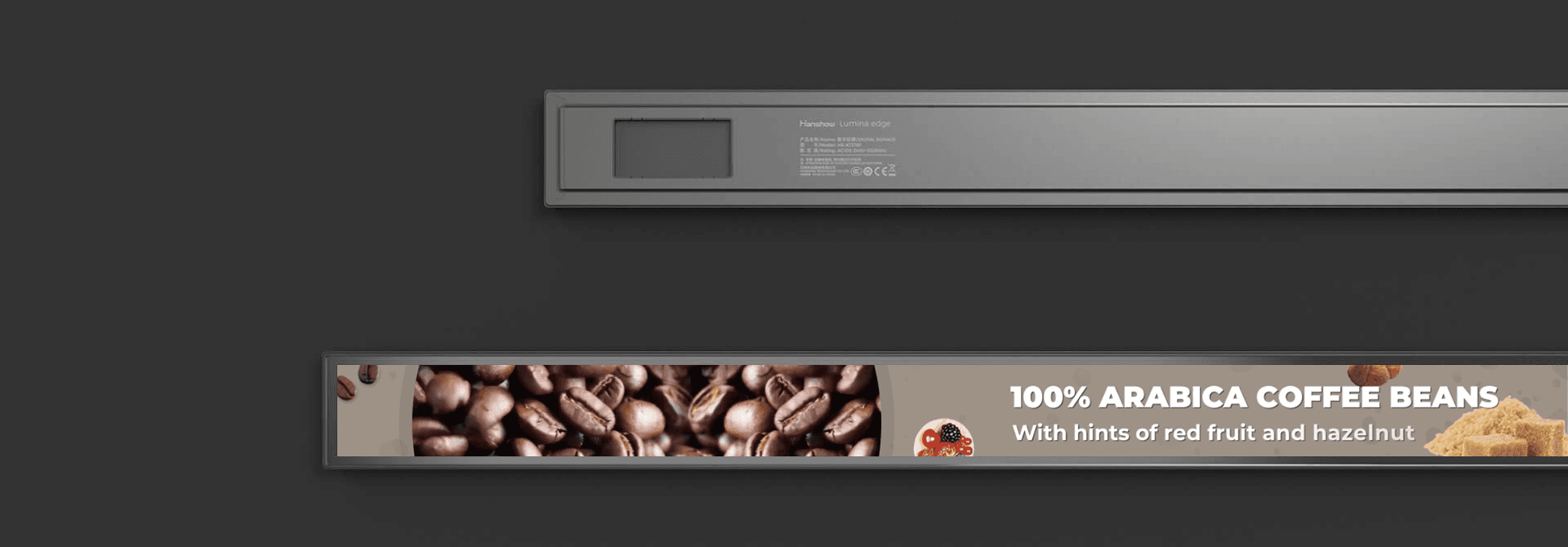 Shelf-edge strip display, back and front, showing a coffee-beans promotion