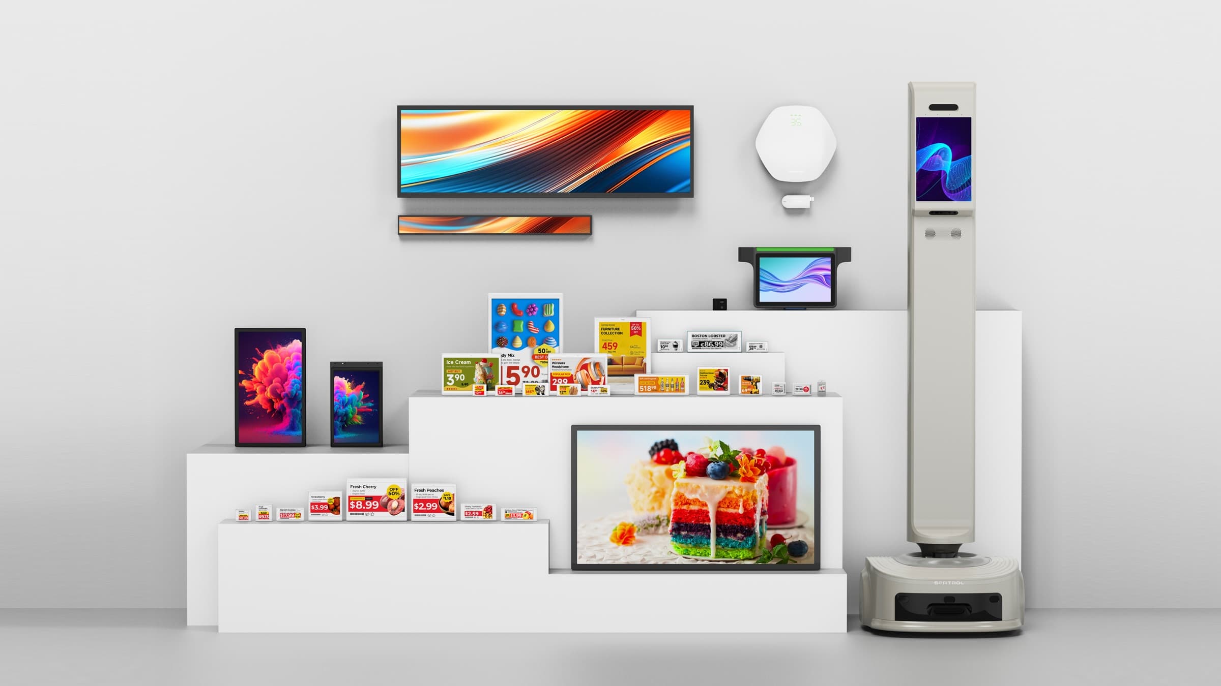 The full shelf platform: e-paper labels, LCD shelf screens, a shelf-edge strip display, an access point and an inventory robot