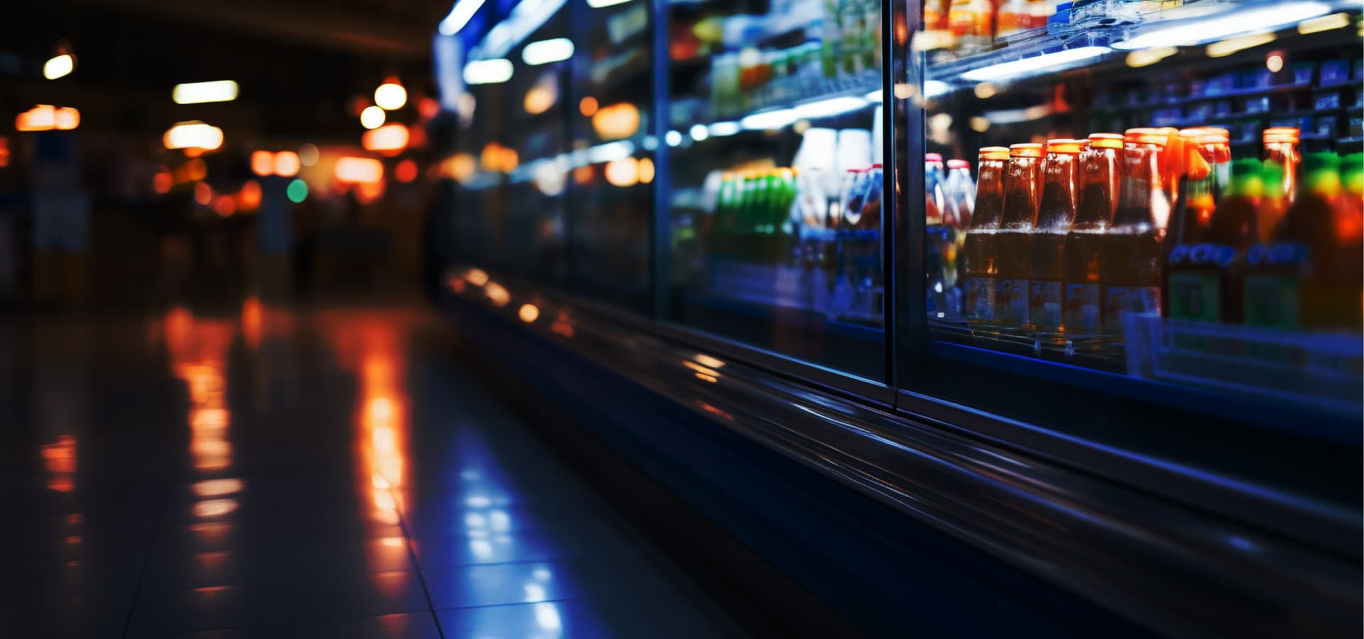 A refrigerated drinks aisle at night